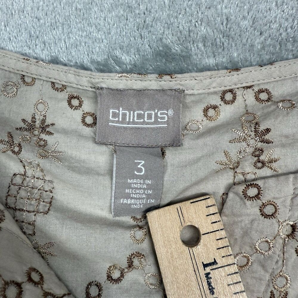 Chicos Top Women’s Size 3 Beige Cotton Roll Tab Sleeve Embroidered Tunic Casual - Picture 4 of 7